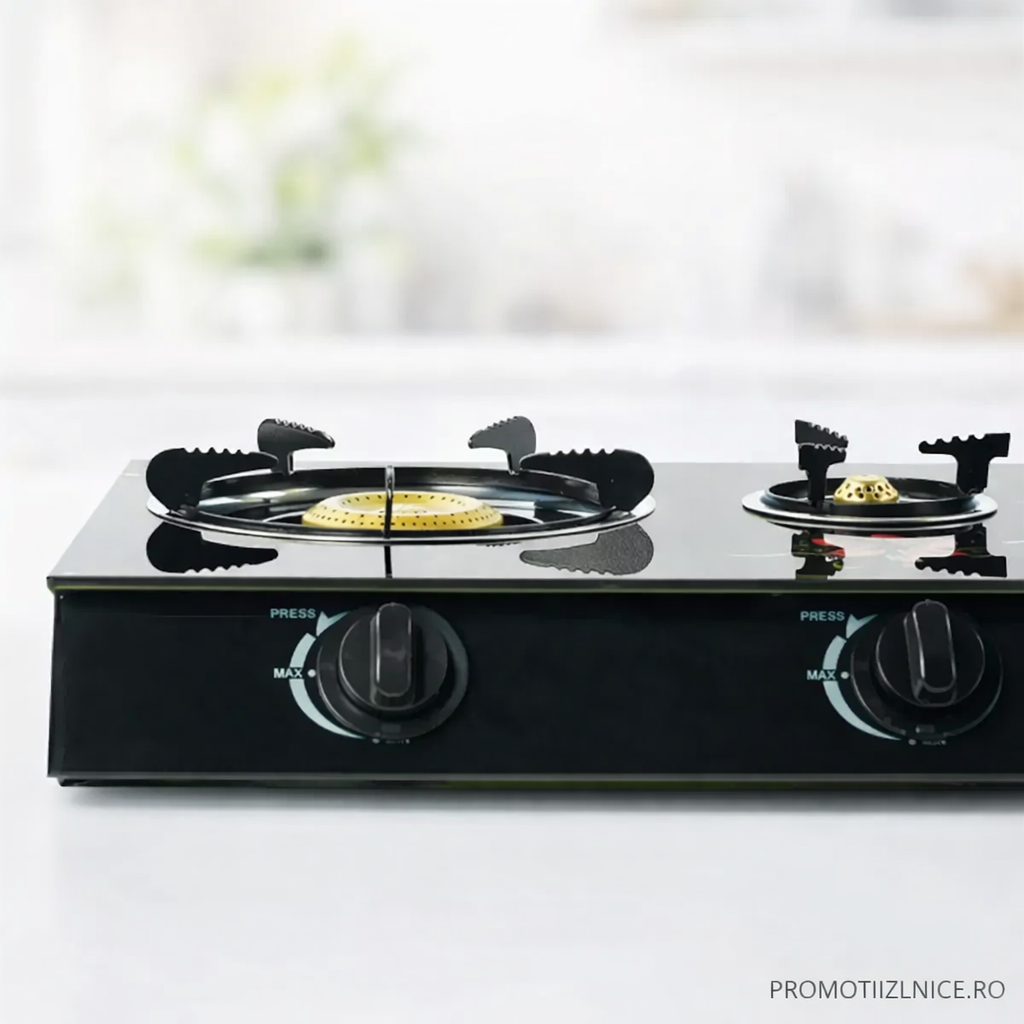 Plită/Sticlă Arzătoare pe GPL 3 Ochiuri – Plită Gaz Butelie – Design Negru Elegant PromotiiZilnice