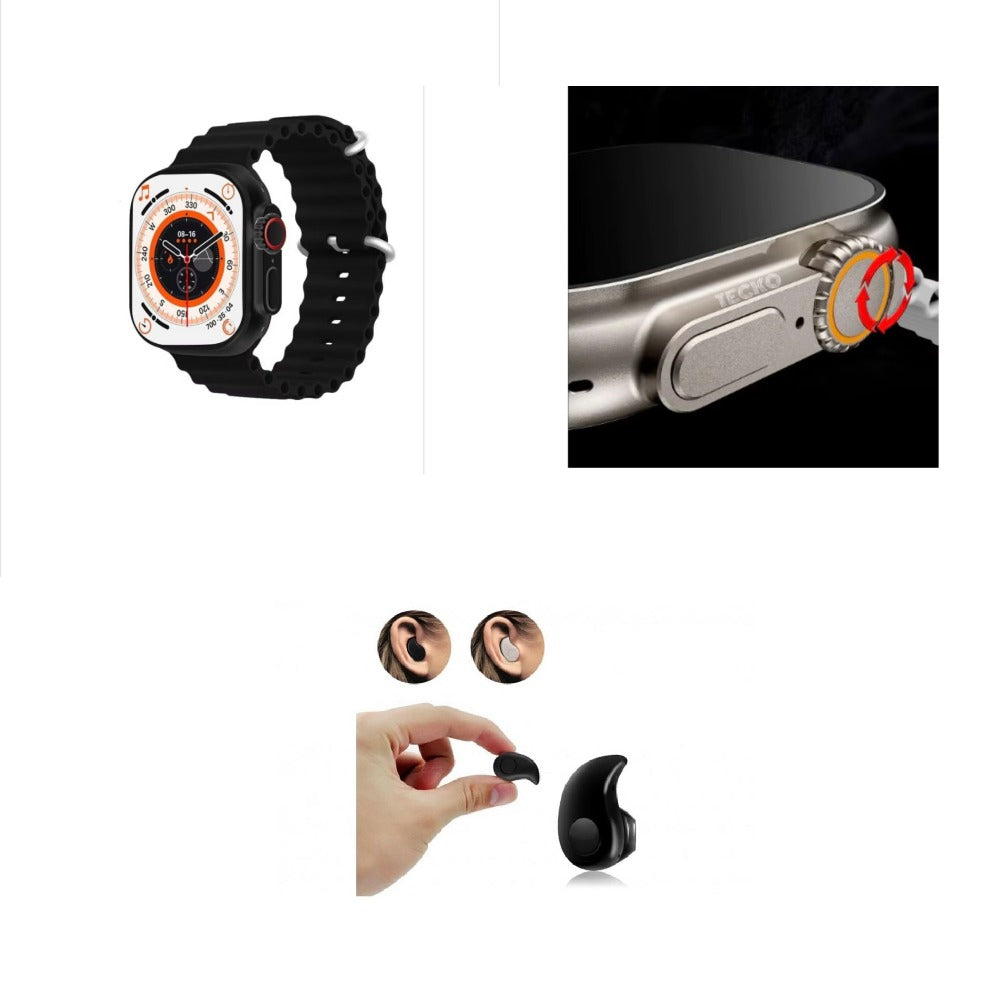 Ceas SmartWatch JRH™ Ultra Watch, 2.0" IPS FULL VIEW, Apel Bluetooth, Termometru, Oximetru,Apel si Retele Sociale, Monitorizare Ritm Cardiac si Tensiune Arteriala, Curea Silicon Ultra, negru + Casca mini picatura Wireless, Bluetooth 4.2 cadou