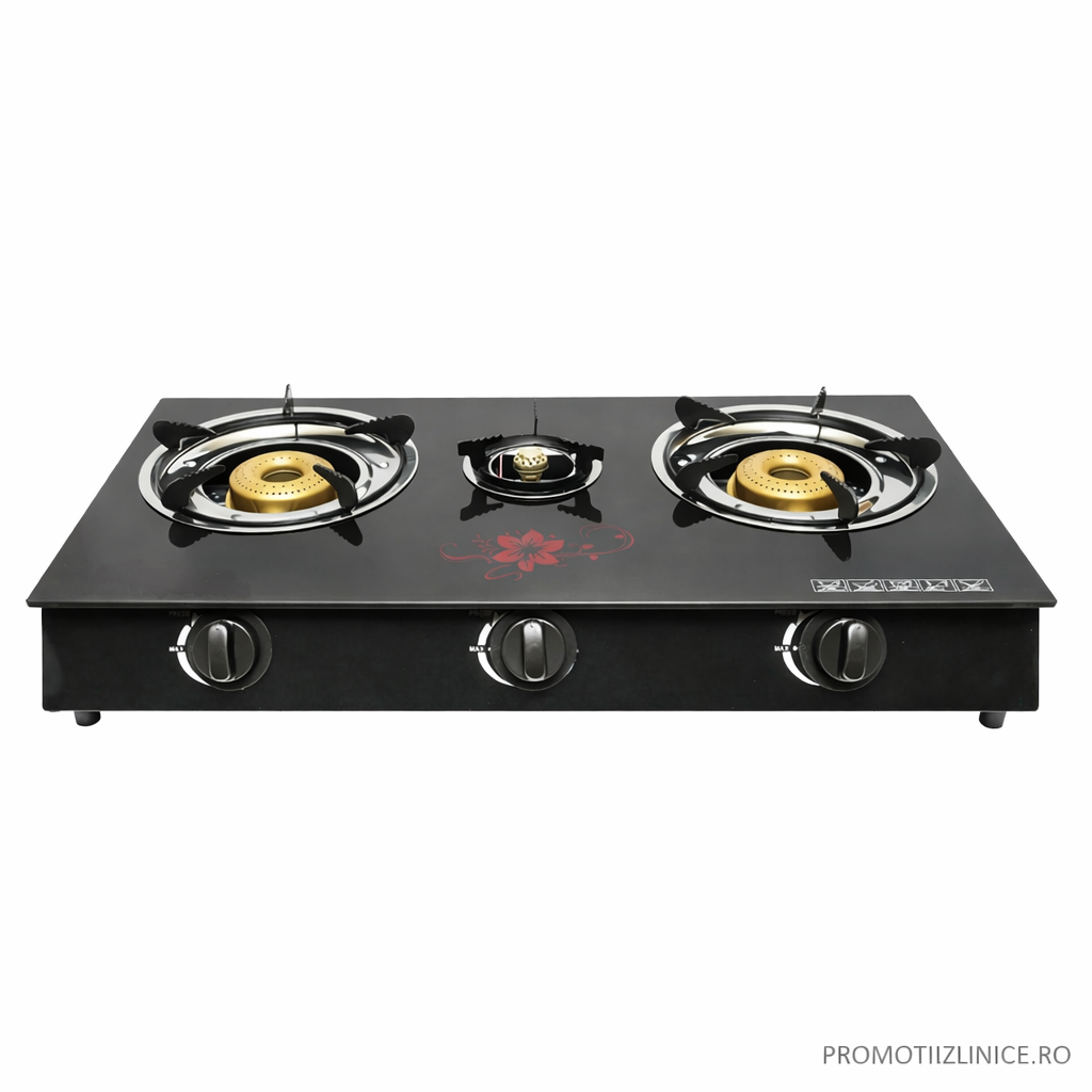 Plită/Sticlă Arzătoare pe GPL 3 Ochiuri – Plită Gaz Butelie – Design Negru Elegant PromotiiZilnice