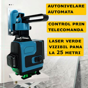 Nivela Laser 4D, Cu Autonivelare, 16 Linii, 4x360º, IP-54, 25m, Precizie Milimetrica, Lumina Verde, Platforma De Ridicare, Suport Pentru Perete, Trepied, Telecomanda MagDiscount.ro
