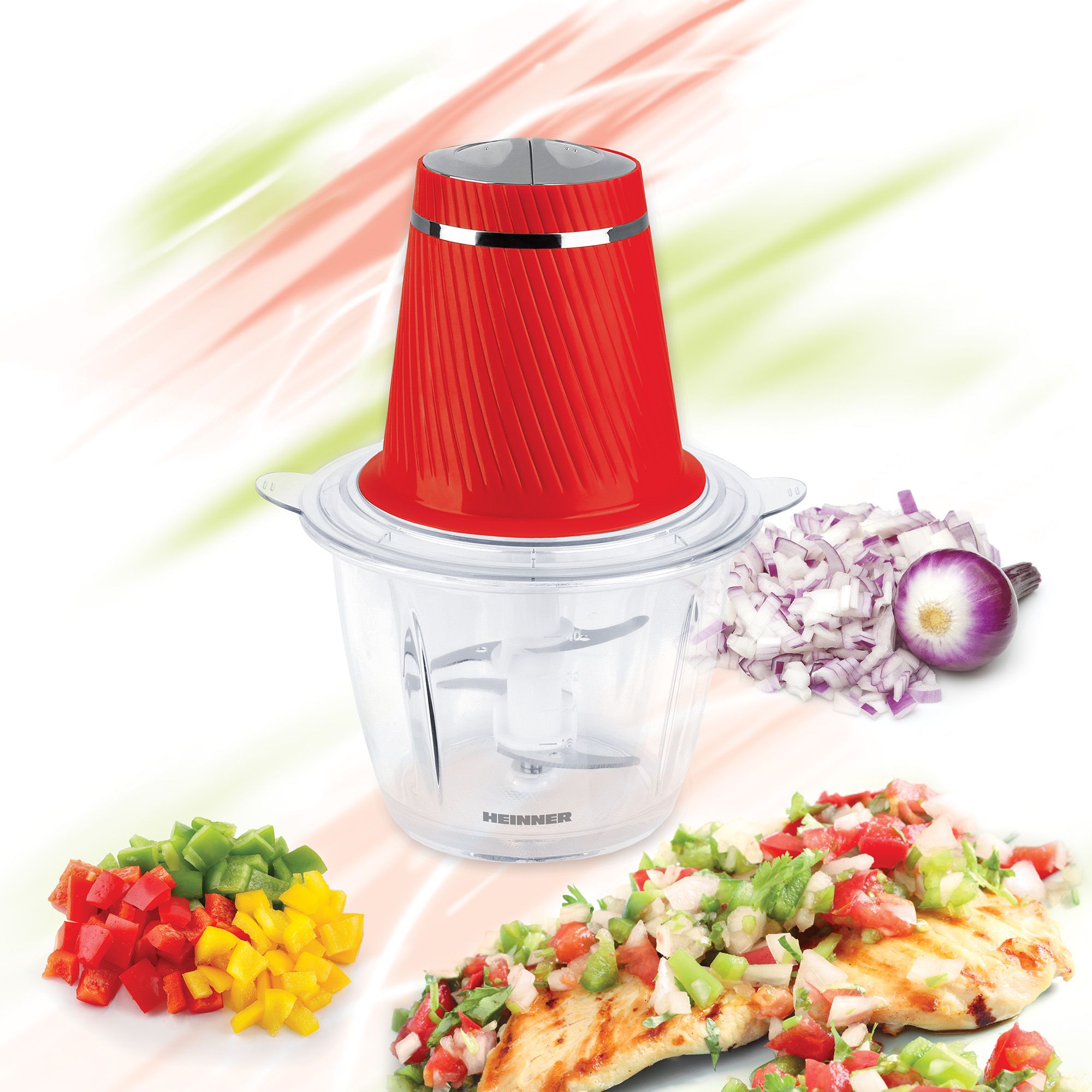 Tocator Heinner 300W, 2 cutite inox, bol sticla 1.2 L, 2 Viteze,