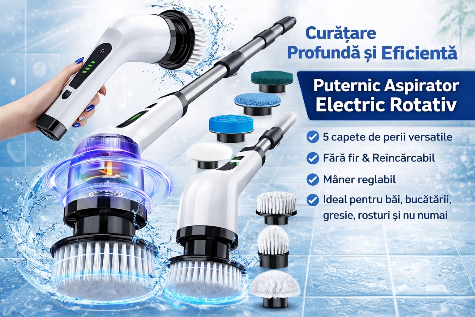 Perie Electrica Rotativa 9 in 1 cu 9 Capete, 2 Viteze, Maner Reglabil, Autonomie Mare, LED PromotiiZilnice