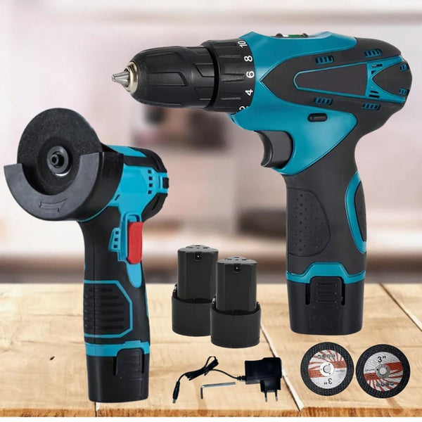 Set Roată unghiulară & Mașină de găurit cu impact 12V cu 2 baterii și husă