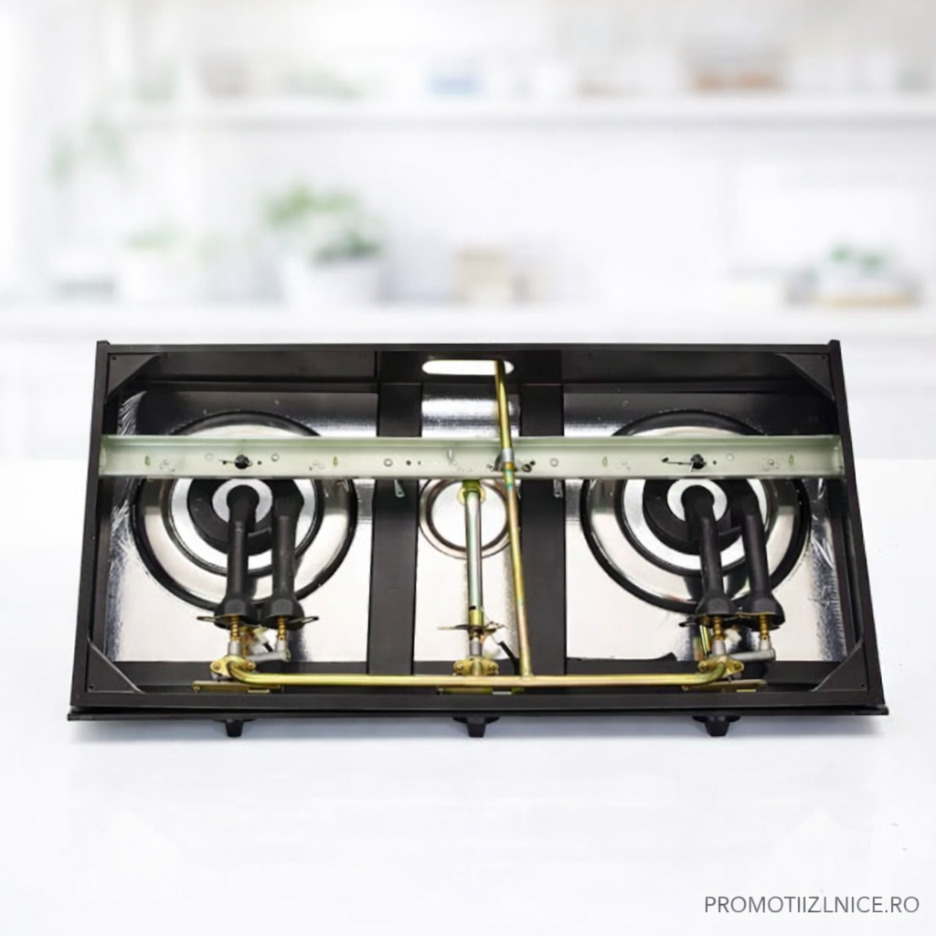 Plită/Sticlă Arzătoare pe GPL 3 Ochiuri – Plită Gaz Butelie – Design Negru Elegant PromotiiZilnice