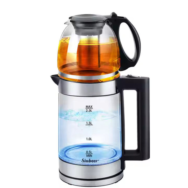 Incalzitor de Apa Electric cu Ceainic din Sticla, 2.2L, 1500W, LED, Pastrare Temperatura, Design Negru/Argintiu