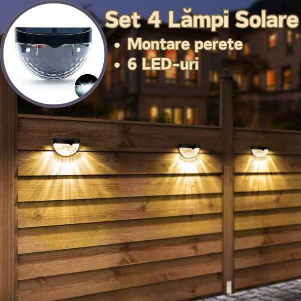 Set 4 Lampi Solare pentru Exterior, Montare Perete, cu 6 LED-uri, Lumina Calda
