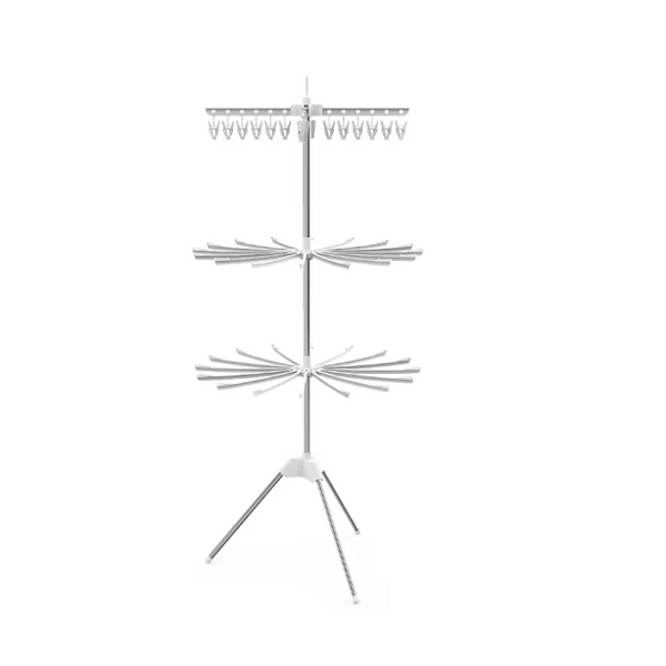 Uscator de rufe vertical, cu 3 niveluri rotative, 1 nivel cu clesti, pliabil, uscor de depozitat, din metal si plastic, alb/argintiu