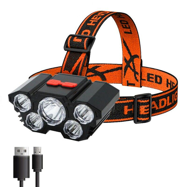 Lanternă de Cap cu 5 LED-uri, Reîncărcabilă prin USB, portabilă