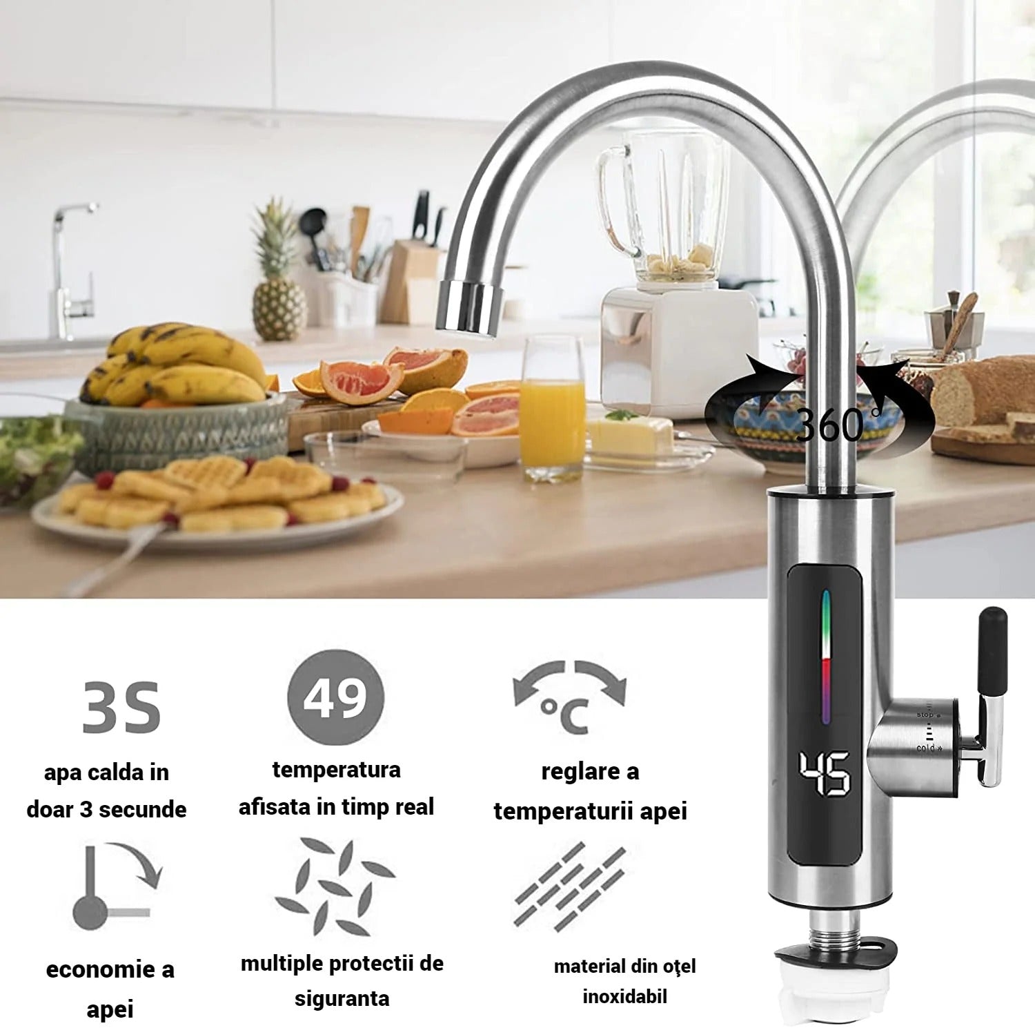 Robinet Electric Instant, Apa Calda, 3000W, IPX4, Rotire 360° - PromotiiZilnice