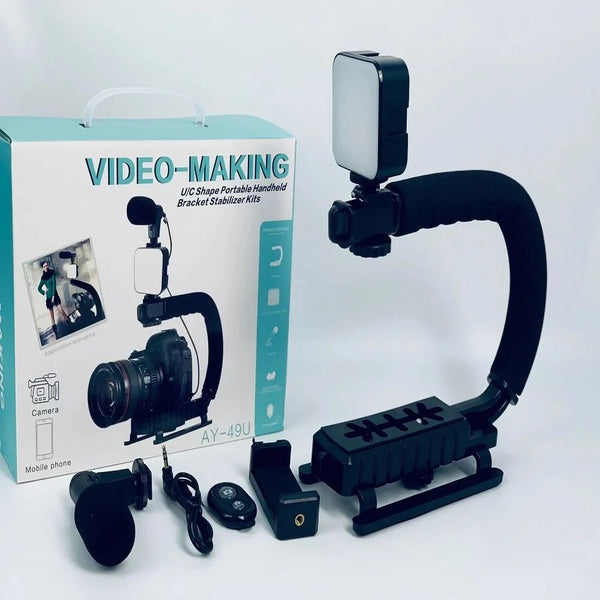 Kit vlogging complet pentru camera, telefon, trepied in forma de U, telecomanda bluetooth, microfon