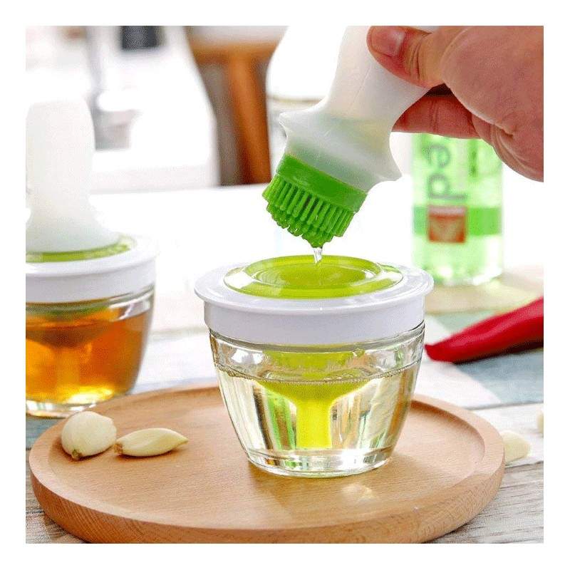 Pensula din silicon OilBrush, pentru ulei, recipient inclus, 12 cm, 148 ml, alb/verde