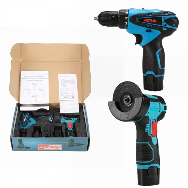 Set Portabil 2 in 1 cu Masina de Gaurit 48V si Polizor Unghiular Compact 10000 RPM, Acumulatori Reincarcabili, Discuri de Taiere Incluse si Accesorii Complete